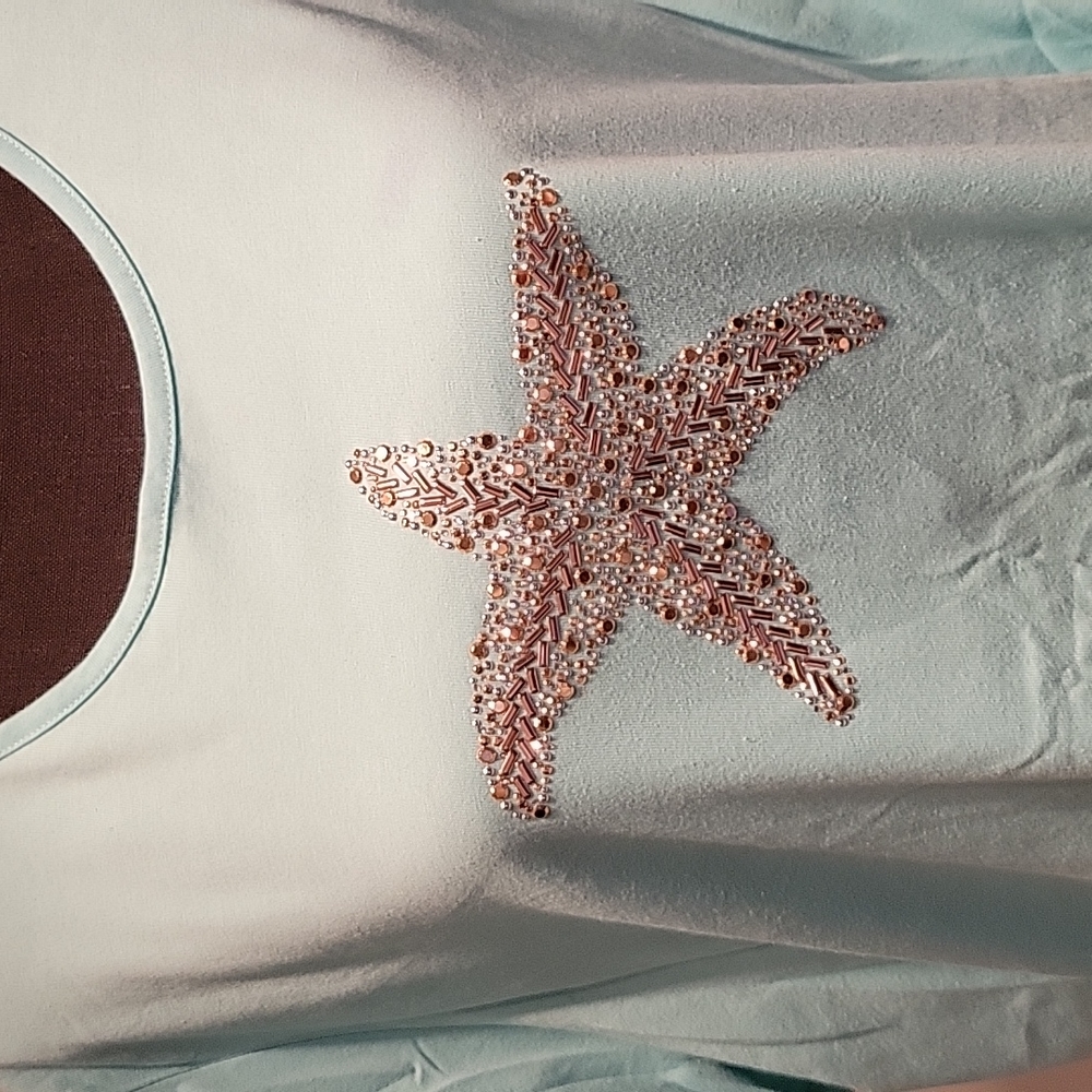 Coral Bay Starfish Tee– Soft Aqua Green, Embellished Sequin Design, Beach Vibes - Picture 4 of 9